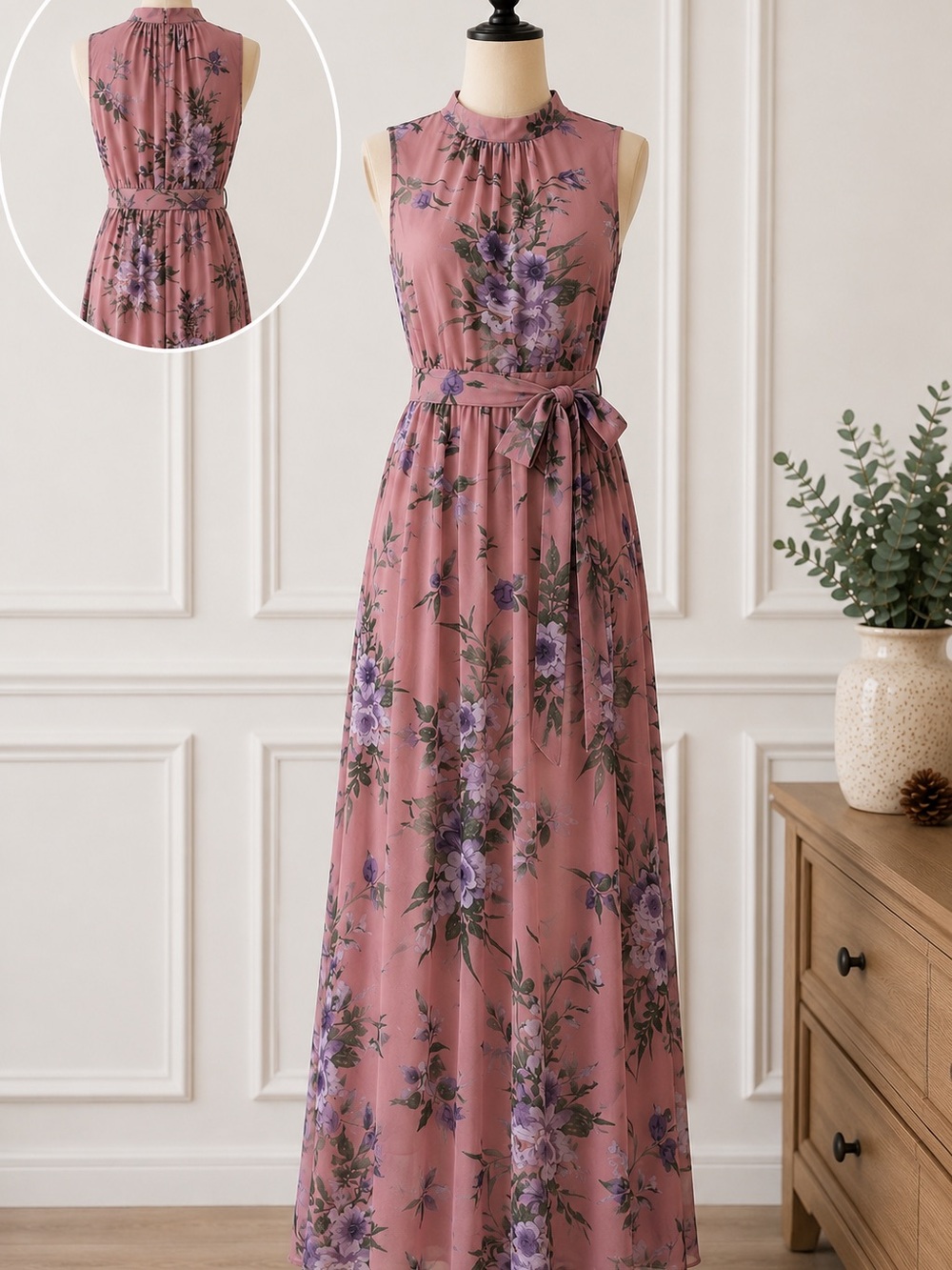 JJs House Dusty Rose Floral Maxi Dress with Waist Tie